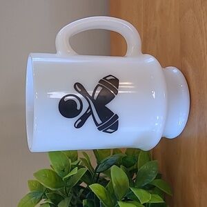 VINTAGE Milk Glass Bowling Theme Double Sided Graphic Pedestal Mug